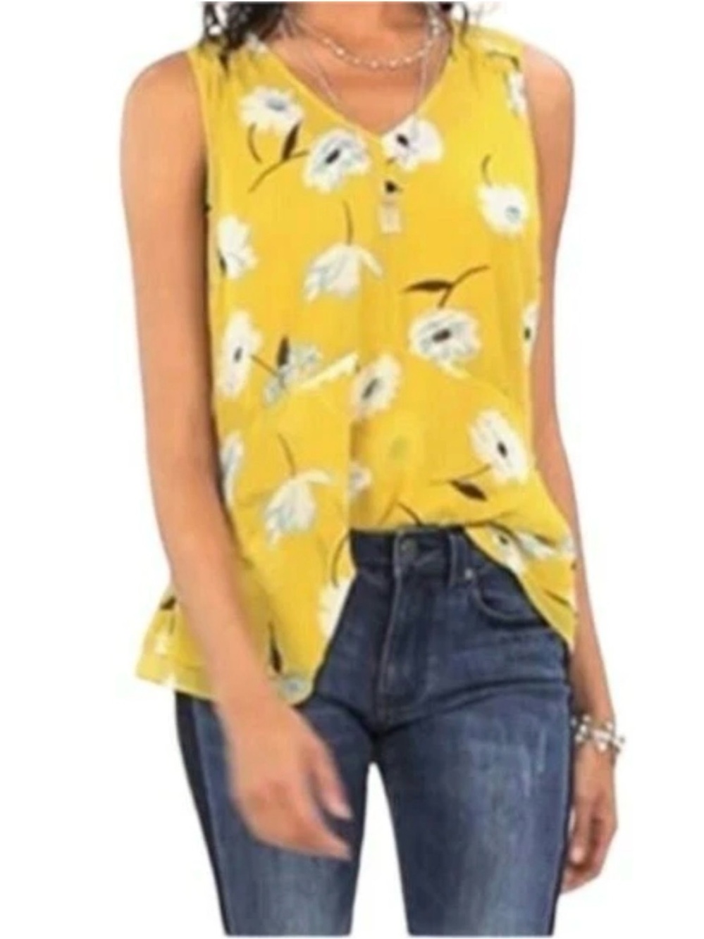 CAbi || Mustard Floral V-Neck Peplum Tank Top with Cami. Sz. S - Picture 3 of 14